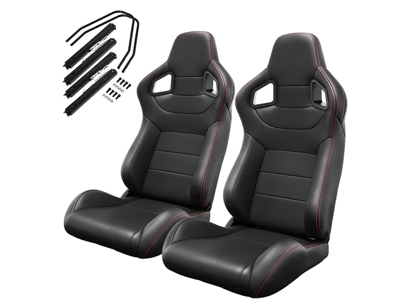  Sièges baquets universels inclinables en pvc noir avec surpiqûres rouges, lot de 2, rails de réglage inclus  - Conforama A
