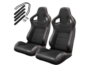 Sièges baquets universels inclinables en pvc noir avec surpiqûres rouges, lot de 2, rails de réglage inclus