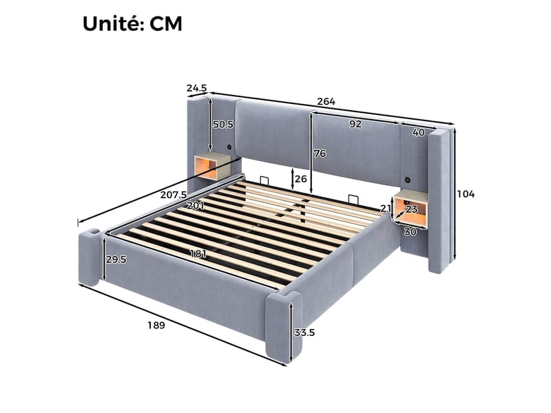  Lit coffre 180x200 gris capitonné en lin avec led et tables de chevet sans matelas  - Conforama C