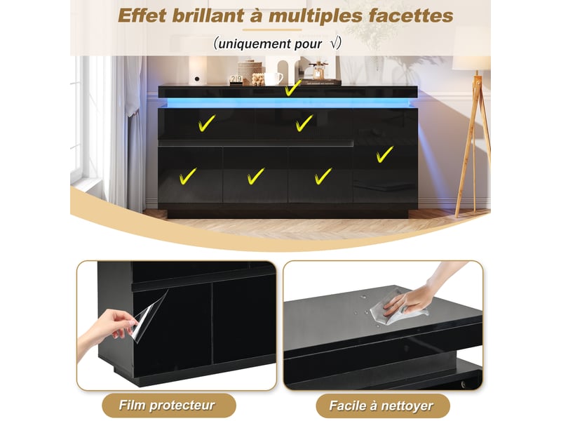 Buffet salon 140x35x72,5 cm noir, meuble bas avec 4 compartiments et 2 tiroirs, charge max 30 kg, design moderne  - Conforama R