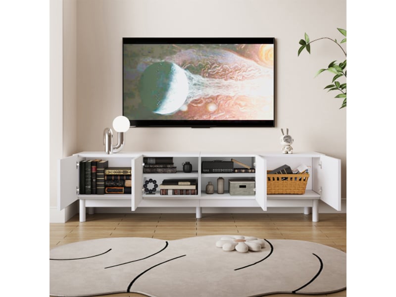  Meuble tv bas à portes ondulées et incurvées, étagères et piètement stabilisant – design moderne  - Conforama E
