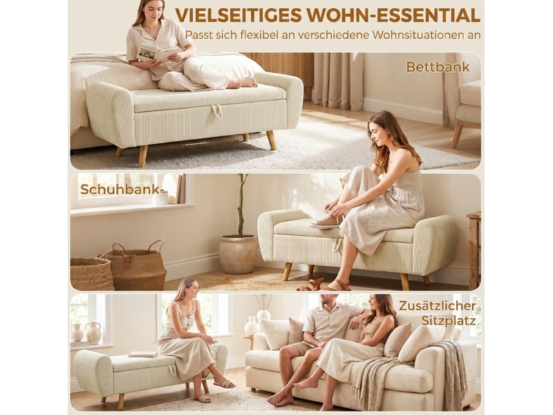  Banc de rangement en velours côtelé beige avec accoudoirs roulés et pieds en bois  - Conforama D