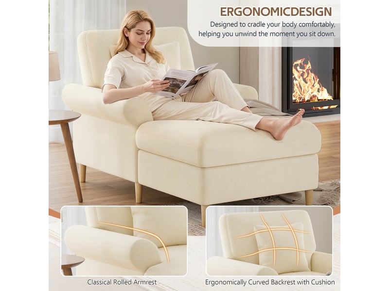  Canapé fauteuil relax xxl 133 x 87 x 90 cm convertible en lit, fauteuil lounge de lecture avec repose-pieds, coussin lombaire, revêtement velours - beige  - Conforama E