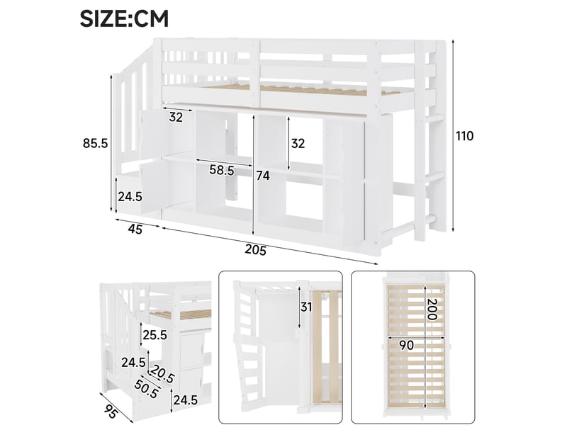 Lit mezzanine 90 × 200 cm avec bibliothèque, placards, escalier de rangement et éclairage led pour chambre, blanc - Conforama C