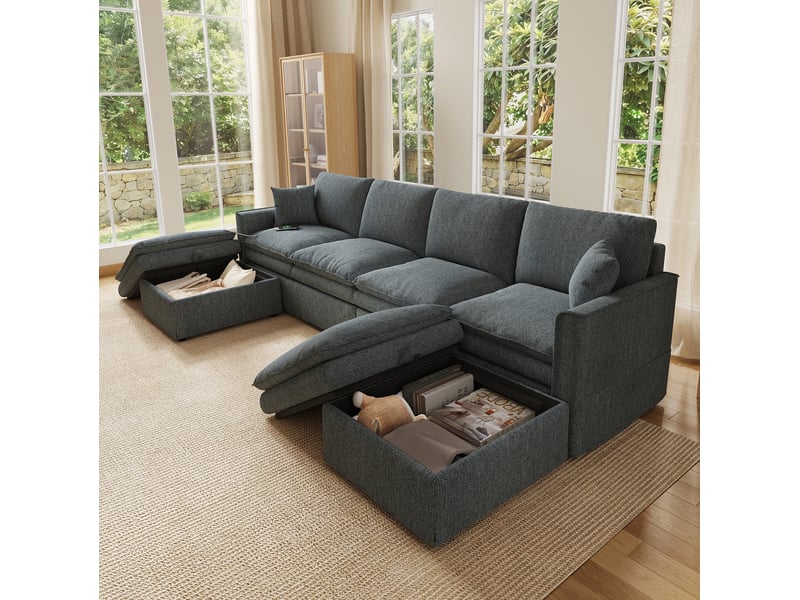  Canapé d’angle modulable 6 places 277x135x80 cm avec poufs de rangement gris  - Conforama D