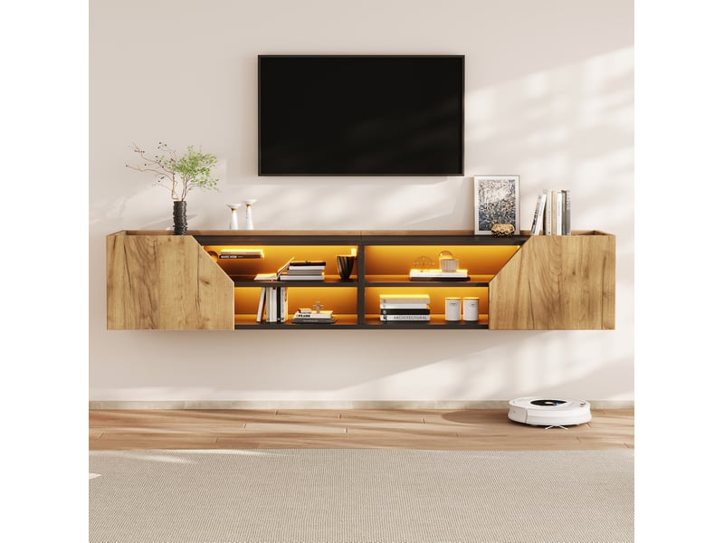  Meuble tv mural 180x36,5x40 cm avec led bluetooth, 2 portes, noir et effet bois  - Conforama C