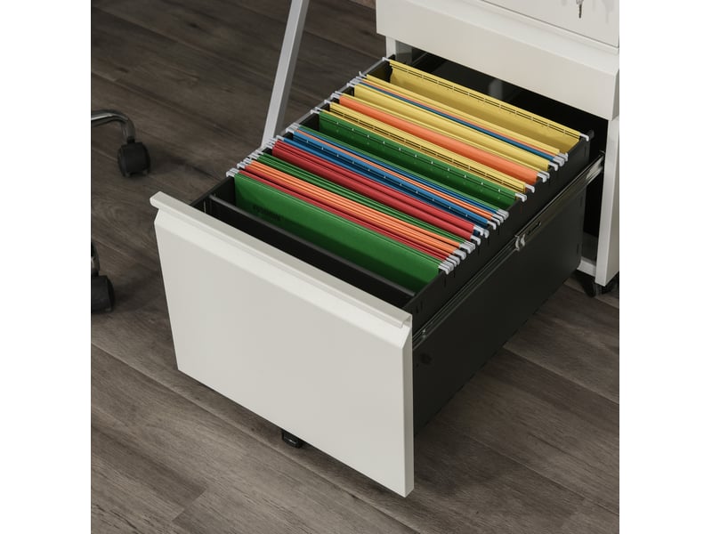  Caisson de bureau 39 x 48 x 60 cm blanc en acier, 3 tiroirs verrouillables sur roulettes, classement suspendu  - Conforama D
