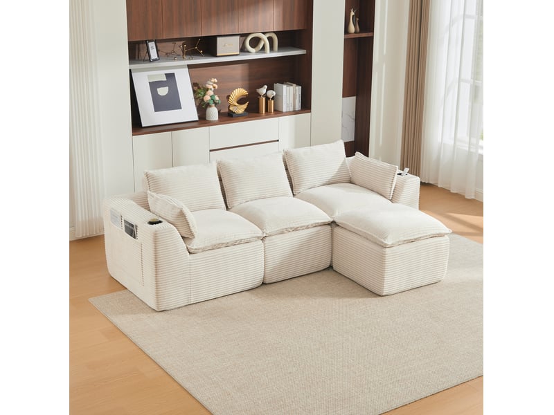  Canapé modulable 3 places avec repose-pieds, coussins, porte-boisson et 2 poches latérales en velours côtelé beige  - Conforama C
