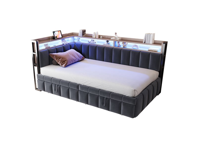  Lit gigogne 90 x 200 cm gris foncé en velours, couchage d'appoint avec led et ports usb type-c intégrés  - Conforama A