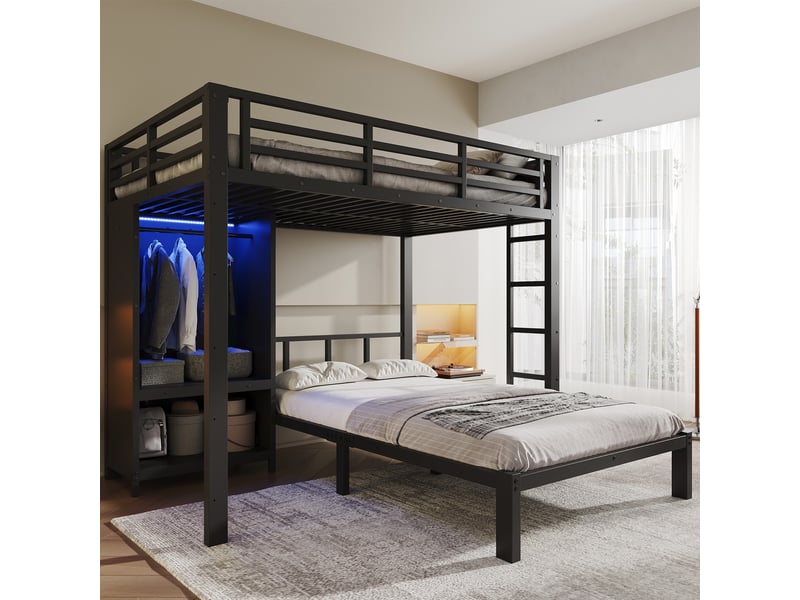  Lit superposé 120x200 cm - lit double en métal enfants et adolescents avec armoire intégrée, éclairage led et échelle - noir  - Conforama B