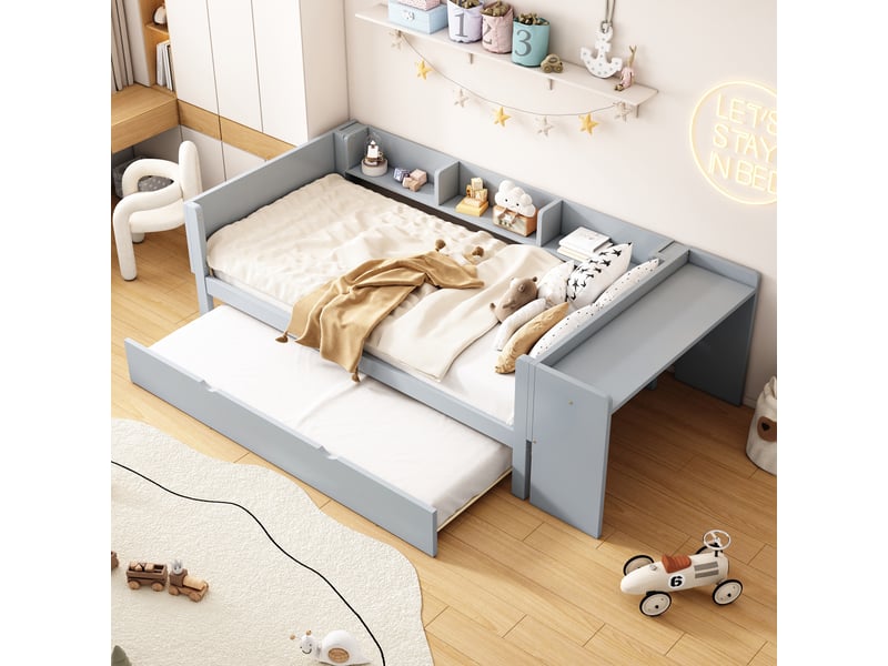  Lit plat 90*200cm, gris, avec lit gigogne, bureau et trois étagères, structure en pin et mdf, sans matelas  - Conforama D