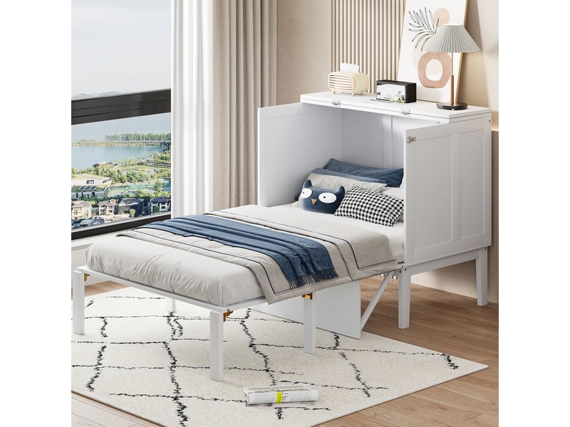  Lit escamotable vertical 90x200 cm avec sommier à lattes bois mdf métal blanc sans matelas  - Conforama D