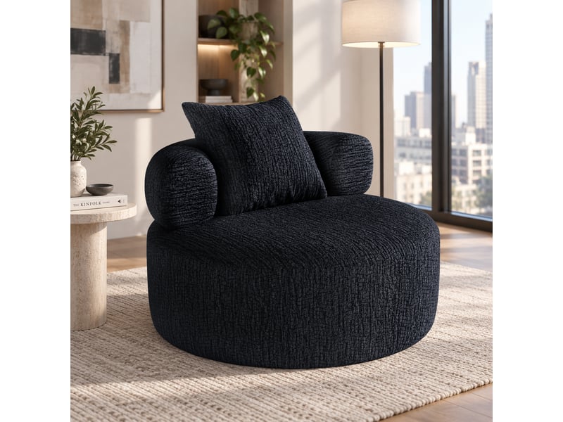 Fauteuil rond 1 place 100 x 100 x 65cm - chenille noir - mousse haute densité, coussin inclus pour salon, sans montage DJ-W3463P49987123-ZMS - Conforama B