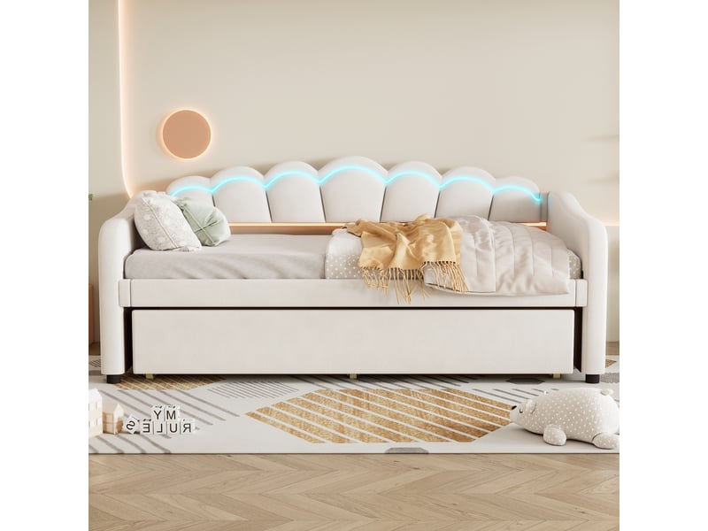  Lit gigogne 90x200 avec éclairage led, lit banquette velours beige pour chambre d'amis  - Conforama B