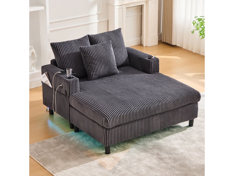  Fauteuil relax xxl avec éclairage led, ports usb et porte-gobelets, en velours côtelé gris foncé, 142×128×85 cm  - Conforama B