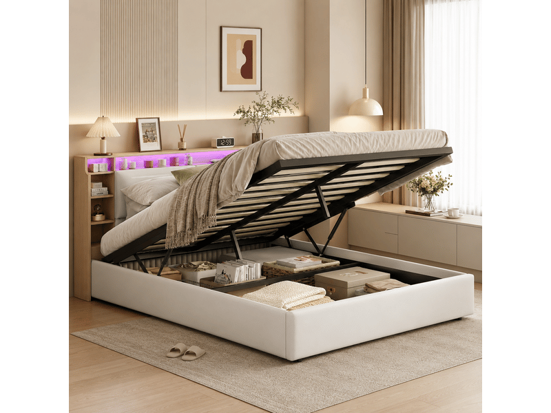  Lit coffre 160x200 cm, led lit double avec sommier hydraulique, tête de lit avec espace de rangement dissimulé, cadre lits pour adulte et adolescent, blanc pu lit capitonné  - Conforama D