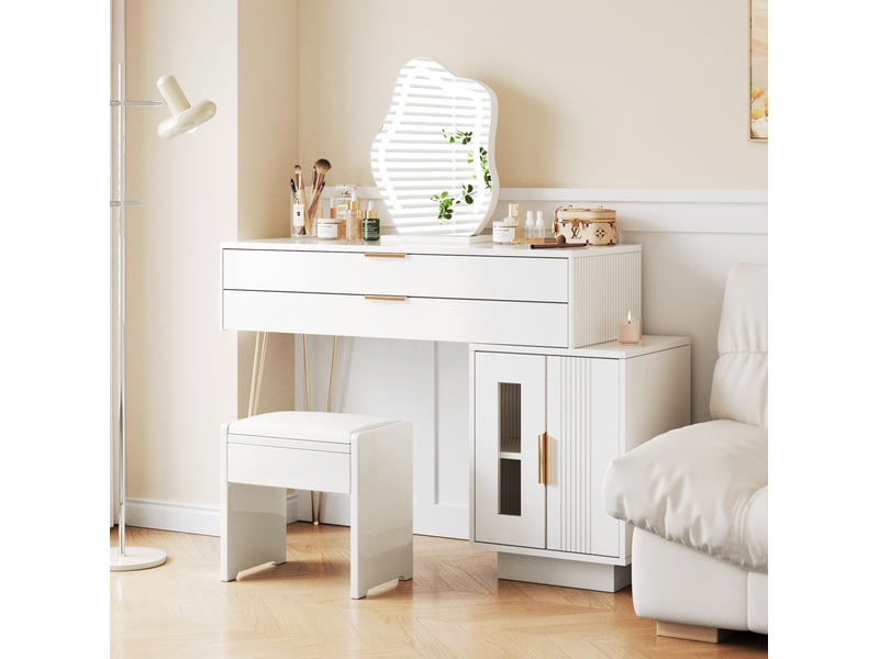 Coiffeuse tcqpz avec miroir led 100 x 40 x 78 cm 2 tiroirs meuble latéral coulissant blanc  - Conforama D