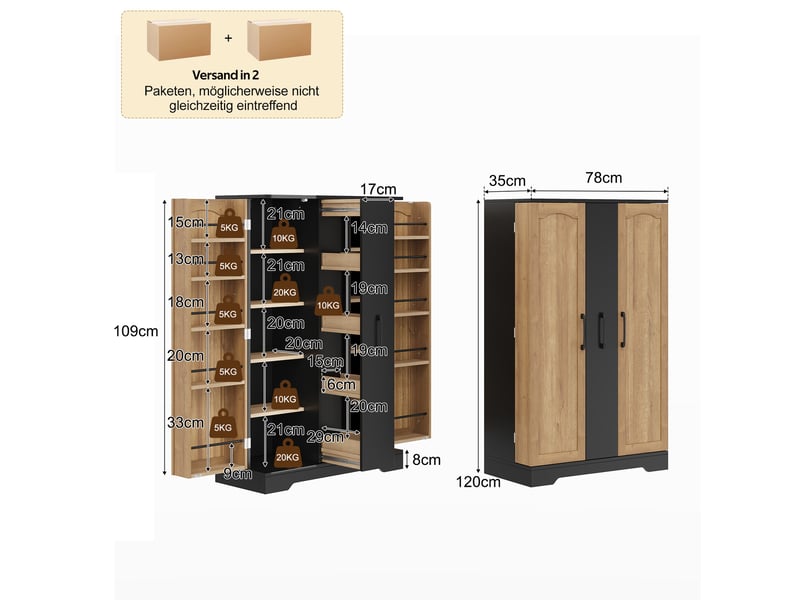  Buffet de cuisine 78 x 35 x 120 cm avec rangement vertical à 4 niveaux, 2 portes, étagères réglables, noir et naturel  - Conforama C
