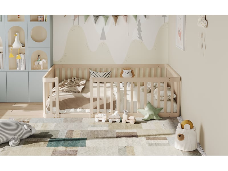  Cadre de lit enfant 90x200 en pin massif avec barrière, couleur crème  - Conforama R