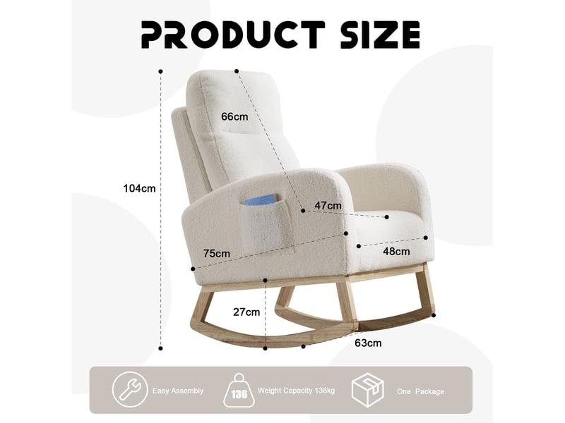  Fauteuil à bascule 75x63x104 cm – blanc – dossier haut ergonomique, poche latérale et tissu peluche doux  - Conforama B