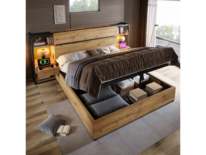  Lit coffre 160x200 cm, lit double avec rangement hydraulique, tête de lit avec tiroirs usb &amp; type-c, bois effet chêne - (sans matelas)  - Conforama B