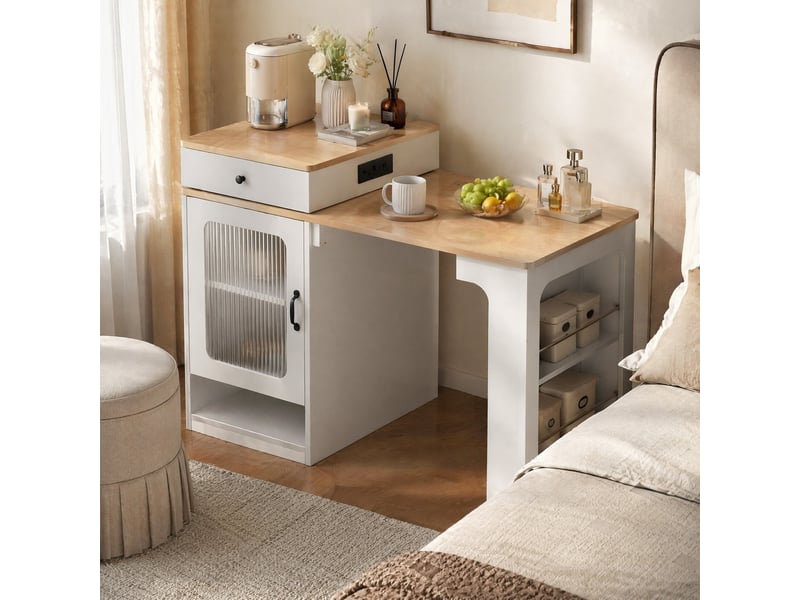 Îlot de cuisine à roulettes avec table extensible et prises, blanc et naturel - Conforama B