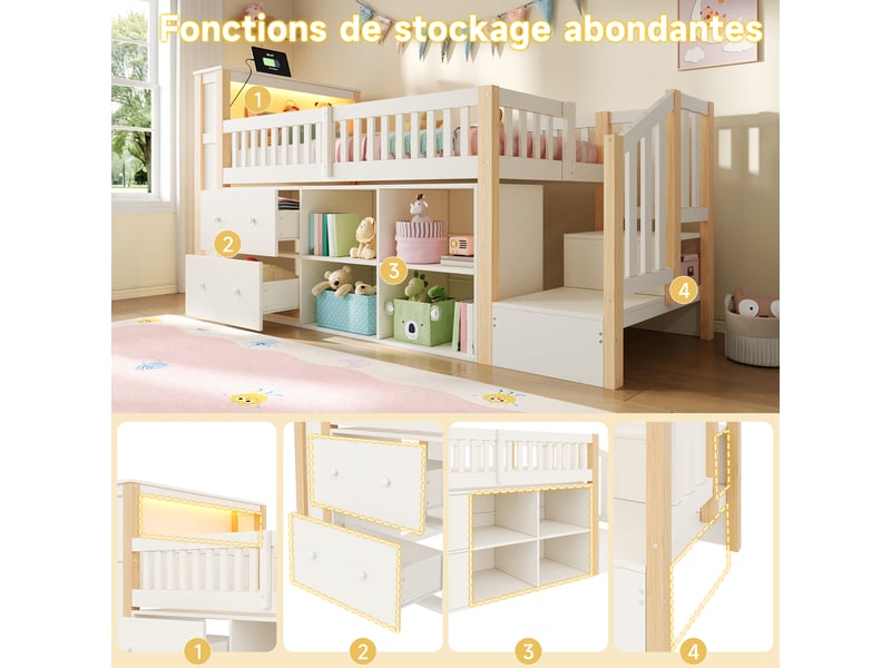  Lit mezzanine 90x200 cm – avec escalier rangement étagères led et usb – pin massif et mdf – naturel CozyNest - Conforama D