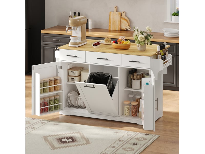  Desserte de cuisine mobile avec 3 tiroirs, poubelle, plateau rabattable et prises en mdf blanc naturel 136 × 75 × 92 cm  - Conforama D