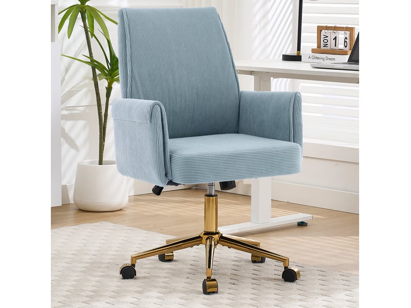  Chaise de bureau réglable en hauteur avec dossier mi-haut et forme ergonomique, en velours côtelé bleu  - Conforama B