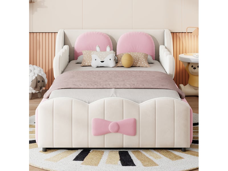  Lit coffre enfant tcqpz 90 x 200 cm velours beige et rose avec coussins décoratifs  - Conforama D