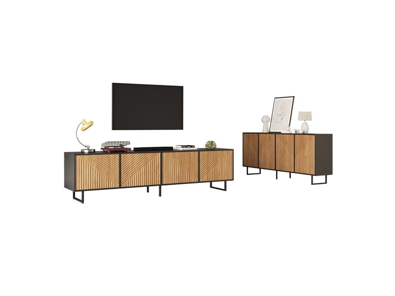  Ensemble meuble tv 180x40x50 cm et buffet 160x40x75 cm, 8 rangements, panneaux de particules et métal, naturel noir  - Conforama A