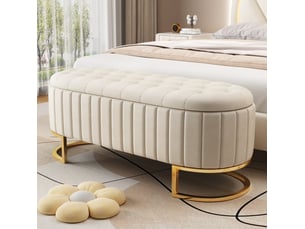 Banc coffre rembourré 120x39,9x43 cm en velours beige avec rangement