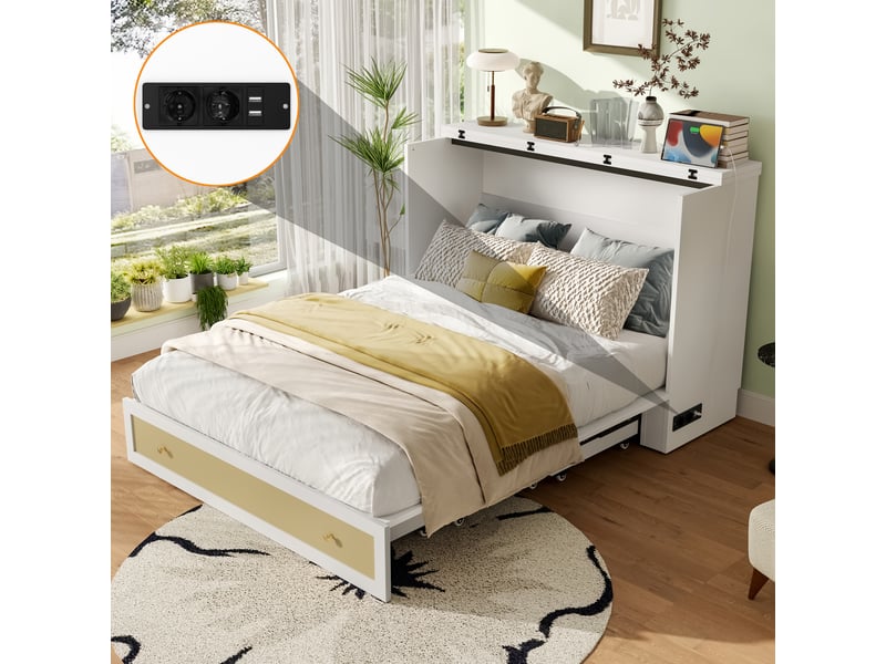  Lit escamotable mobile 140x200 cm avec tiroirs de rangement au pied, étagère en tête de lit, ports usb et prise électrique, pin et mdf, blanc  - Conforama B
