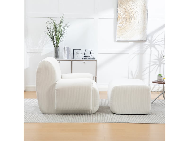  Fauteuil une place avec pouf en chenille ivoire, mousse haute résilience 30d, fauteuil compact pour petit espace, sans montage  - Conforama W