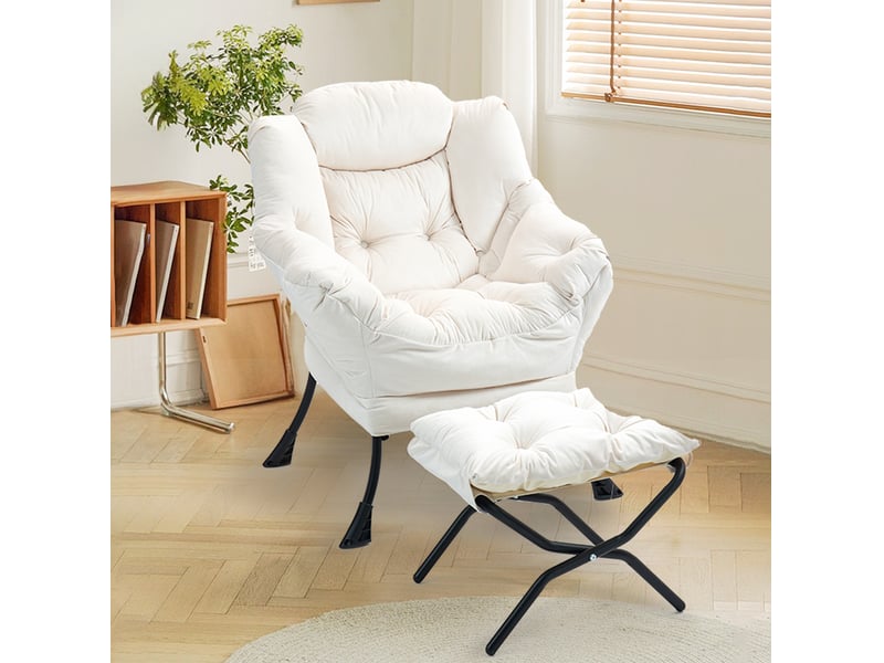  Fauteuil relax modenvie avec repose-pieds pliant et poche latérale 75 x 80 x 85 cm blanc cassé métal  - Conforama B