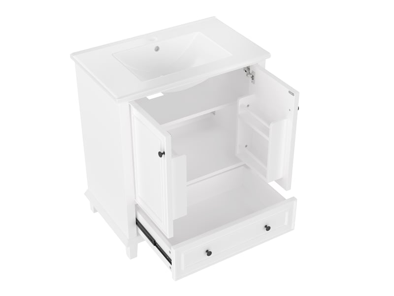  Meuble vasque salle de bain blanc 76 cm avec lavabo céramique intégré, pieds bois massif et grand rangement  - Conforama D