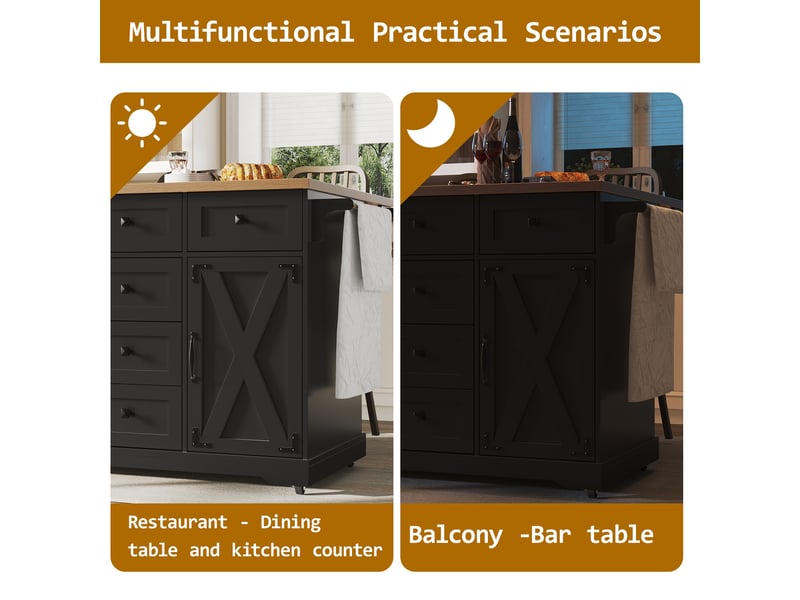 Desserte de cuisine pliante mobile avec plateau extensible et rangement, en mdf et métal noir pour salle à manger - Conforama E