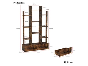 Bibliothèque arbre industrielle avec 2 tiroirs 86x25x140,5 cm – étagère de rangement vintage 12 compartiments en métal et bois – pour salon, bureau et chambre – marron rustique