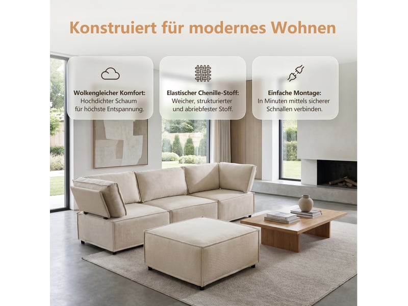  Canapé modulable modenvie convertible 4 places en tissu en lin beige 238 x 154 x 75 cm  - Conforama E