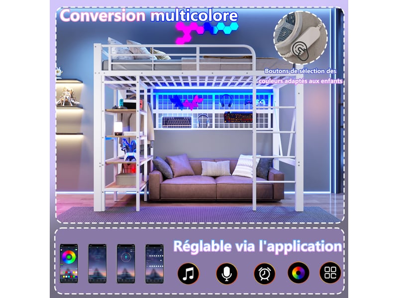  Lit mezzanine 90 x 200 cm, structure métal, led, bureau, étagères, panneau perforé, usb, sans matelas, blanc  - Conforama D
