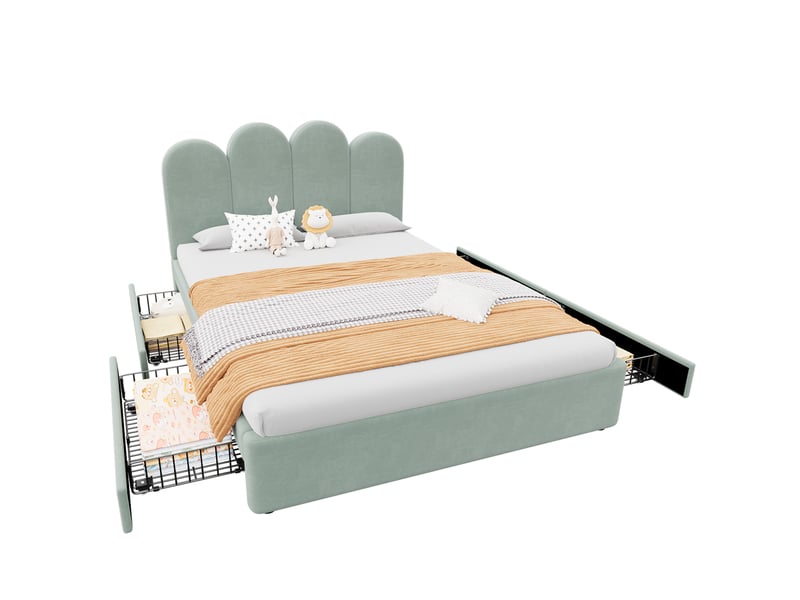  Lit rembourré 140x200 cm avec 4 tiroirs de rangement et tête de lit arquée en velours, lit enfant bas, vert clair  - Conforama B