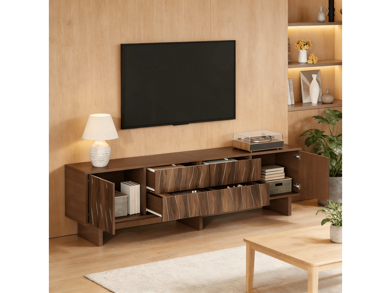  Meuble tv 180 cm noyer foncé design ondulé pour écran 75 pouces avec 4 tiroirs et 2 portes  - Conforama B