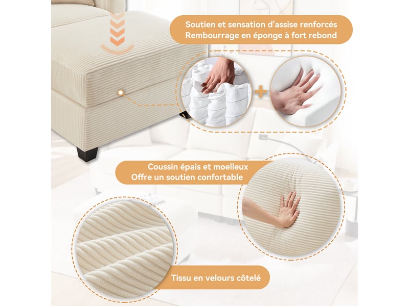  Canapé d'angle 3 places en velours côtelé beige avec pouf, porte-gobelets et usb  - Conforama R