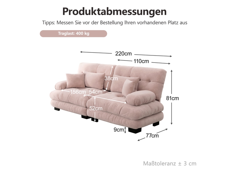  Canapé droit 220x77x81 cm 2 places, 2 coussins d’ameublement et accoudoirs, avec 2 coussins lombaires, chenille rose  - Conforama C