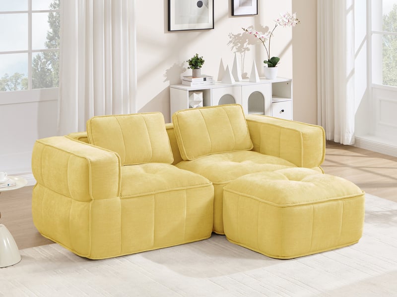  Canapé d'angle modulable 2 places en polyester, forme l avec pouf, jaune  - Conforama B