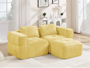 Canapé d'angle modulable 2 places en polyester, forme l avec pouf, jaune