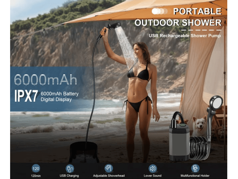 Douche d'extérieur, ensemble de douche avec écran led, 4 modes de douche, douchette, rechargeable 6000 mah, idéale pour le camping et la plage, noire - Conforama B