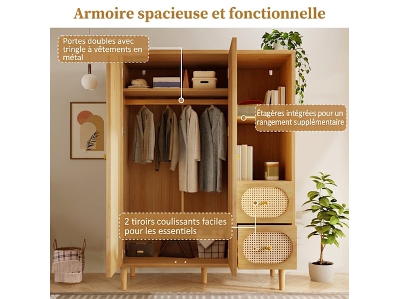  Armoire de chambre en chêne 2 portes avec 2 tiroirs, penderie et étagères, 161x120x48 cm, style campagne  - Conforama D