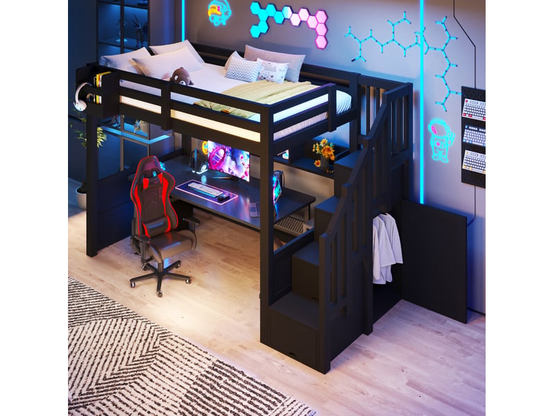 Lit mezzanine enfant 90x200 cm 253x95x170 cm, led, escalier rangement, pin mdf contreplaqué, noir sans matelas - Conforama E
