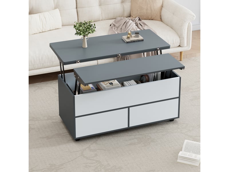  Table basse relevable 100x98cm, table de salon avec rangement caché, tiroirs et roulettes, gris et blanc  - Conforama R